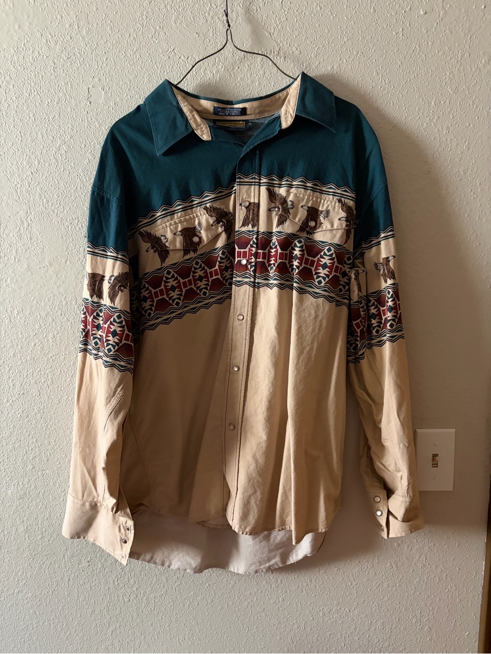 Vintage Teal/Green/Blue Western Button-Up Shirt pearlsnap eagle print